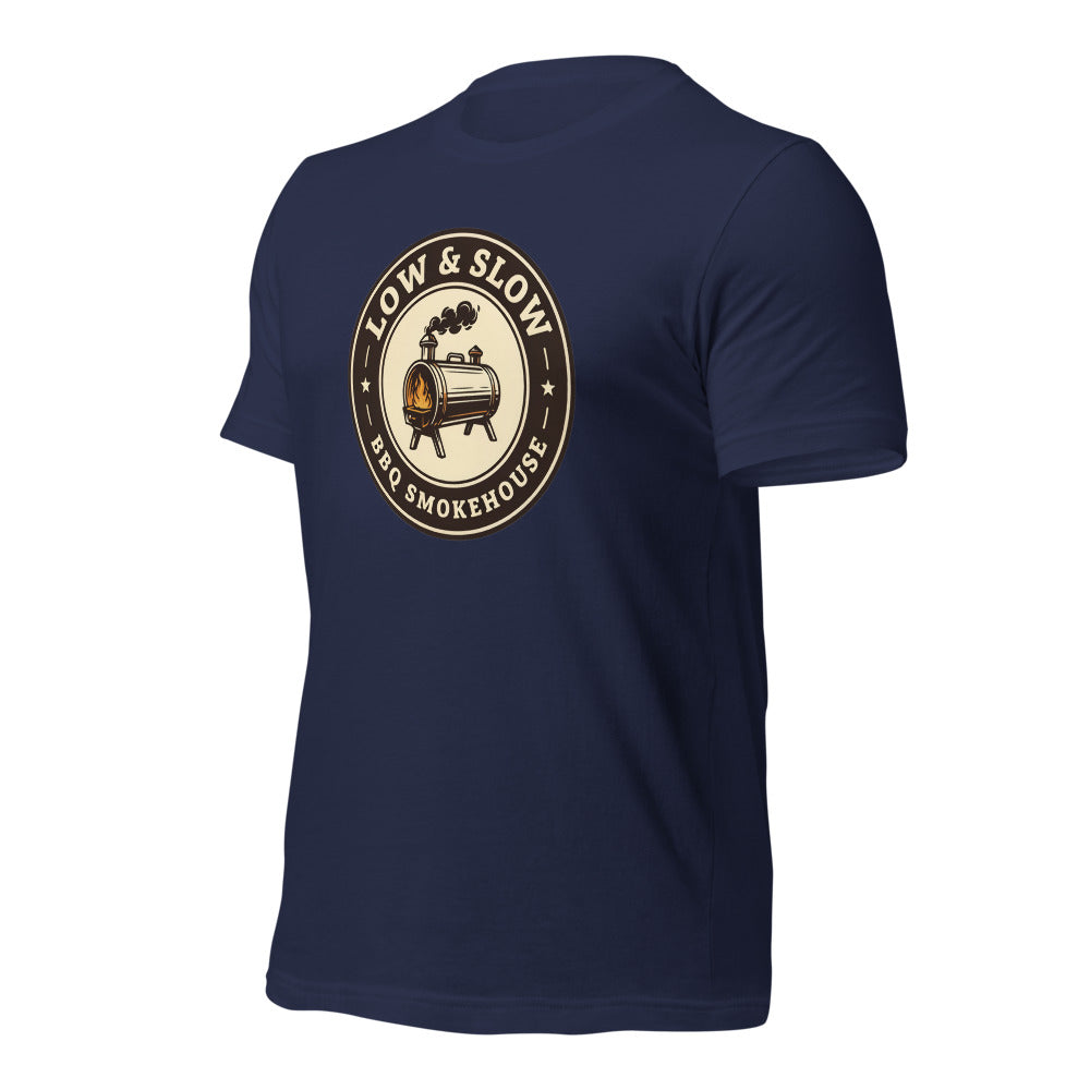 Low & Slow BBQ smoker tee — Navy, front-right