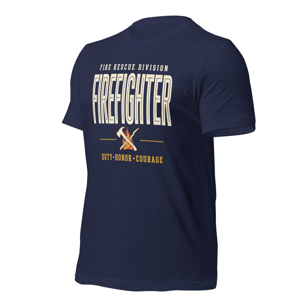 Firefighter collegiate wordmark retro fire-rescue tee — Navy, front-right
