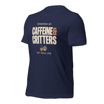 Powered by Caffeine & Critters funny vet tech tee — Navy, front-right