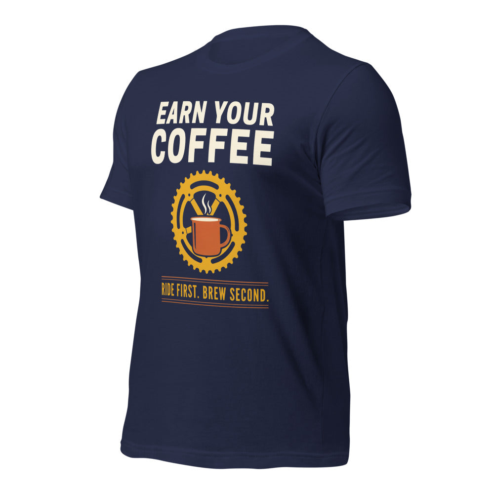 Earn Your Coffee retro cycling coffee t-shirt — Navy, front-right