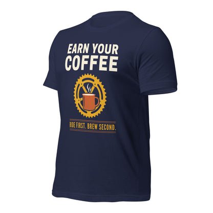 Earn Your Coffee retro cycling coffee t-shirt — Navy, front-right
