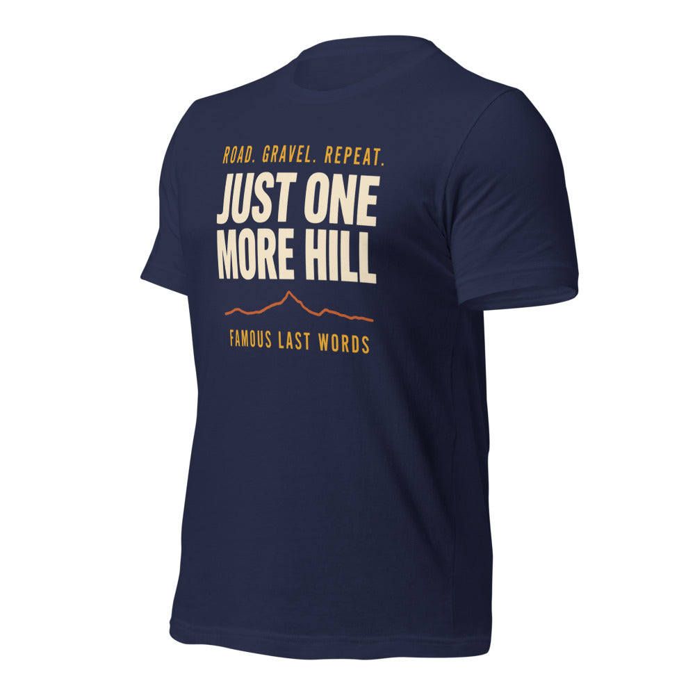 Just One More Hill retro cycling climb t-shirt — Navy, front-right