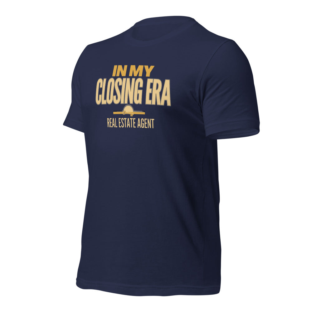 In My Closing Era real estate agent tee — Navy, front-right