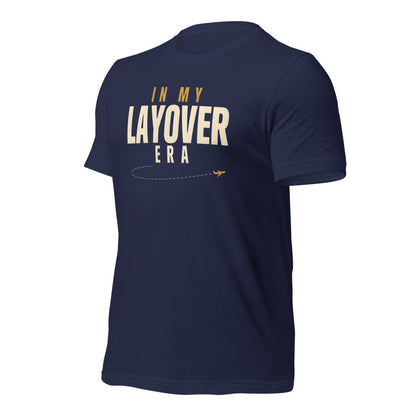 In My Layover Era flight attendant tee — Navy, front-right