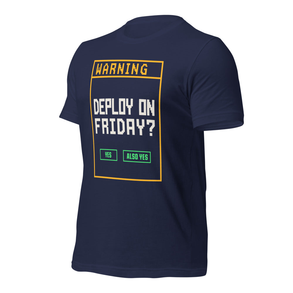 Deploy On Friday programmer tee — Navy, front-right