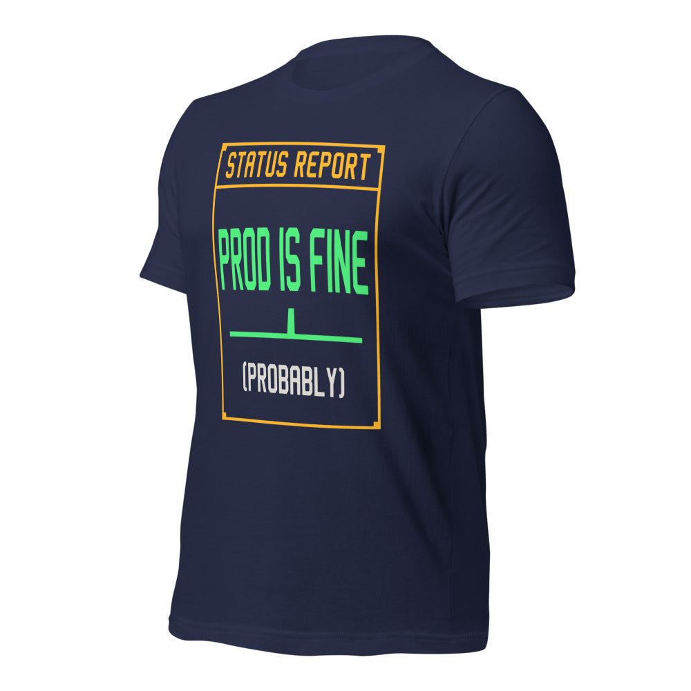 Prod Is Fine programmer tee — Navy, front-right