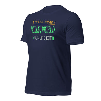 Hello World retro boot screen programmer tee — Navy, front-right