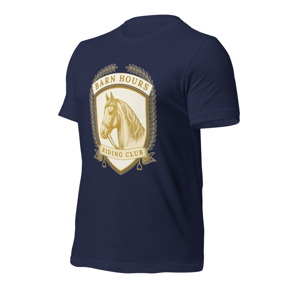 Barn Hours Riding Club vintage equestrian stable crest t-shirt — Navy, front-right