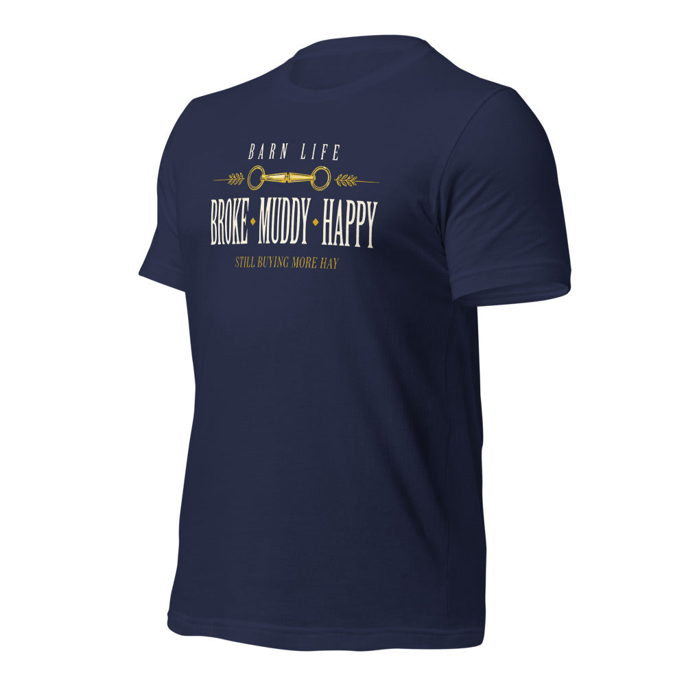 Broke Muddy Happy funny barn life equestrian t-shirt — Navy, front-right