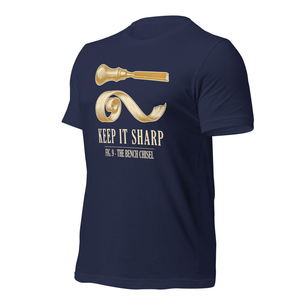 Keep It Sharp woodworking tee — Navy, front-right