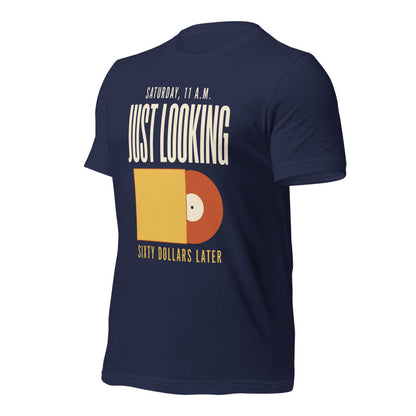 Just Looking Sixty Dollars Later vinyl record tee — Navy, front-right