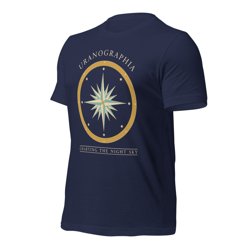 Uranographia vintage celestial chart astronomy tee — Navy, front-right