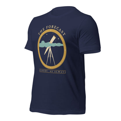 The Forecast Cloudy As Always funny astronomy tee — Navy, front-right