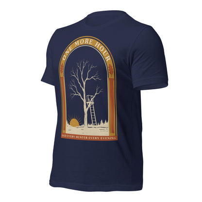 One More Hour funny deer hunting tee — Navy, front-right