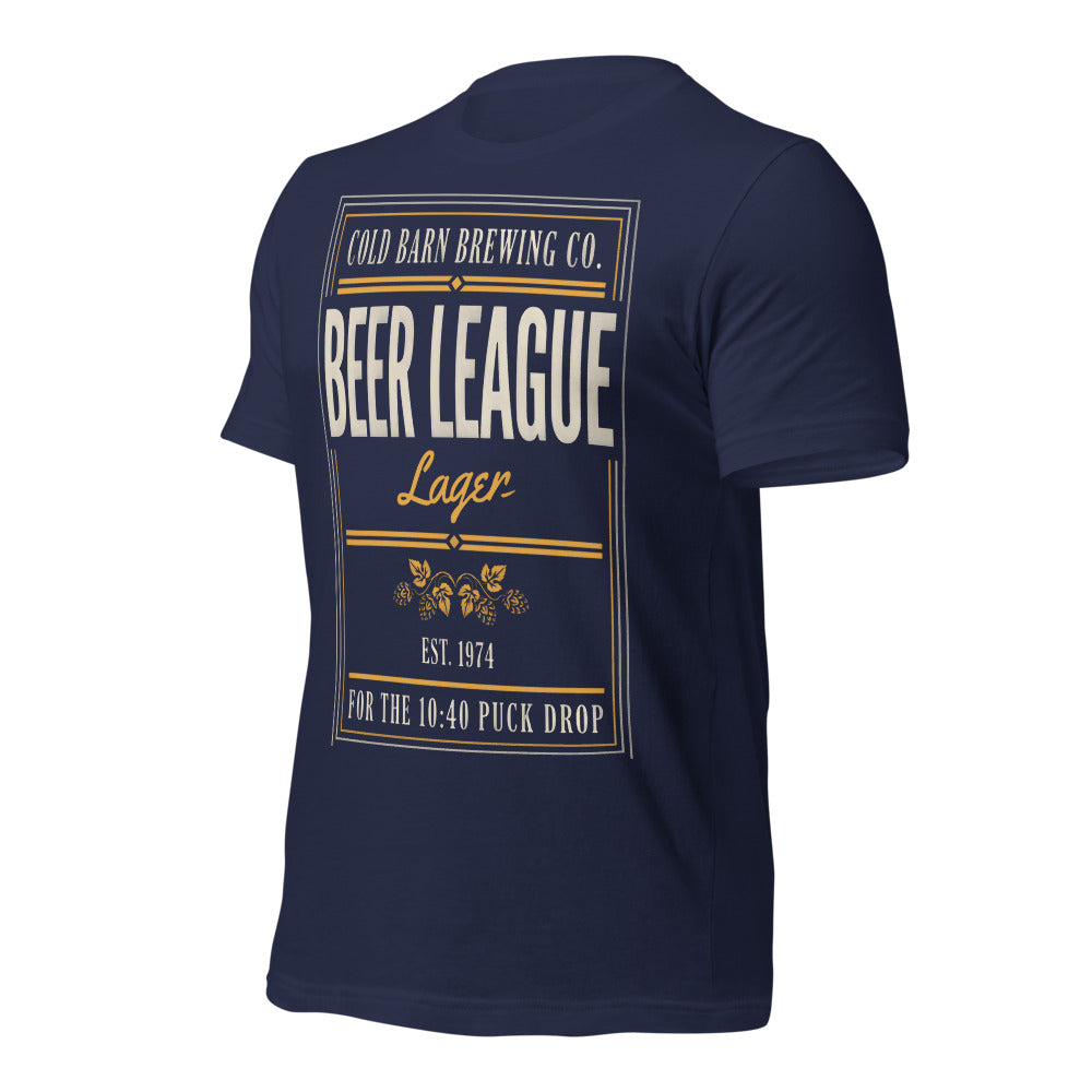 Beer League Cold Barn Brewing lager t-shirt — Navy, front-right