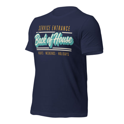 Line Cook Back of House retro diner service sign t-shirt — Navy, front-right