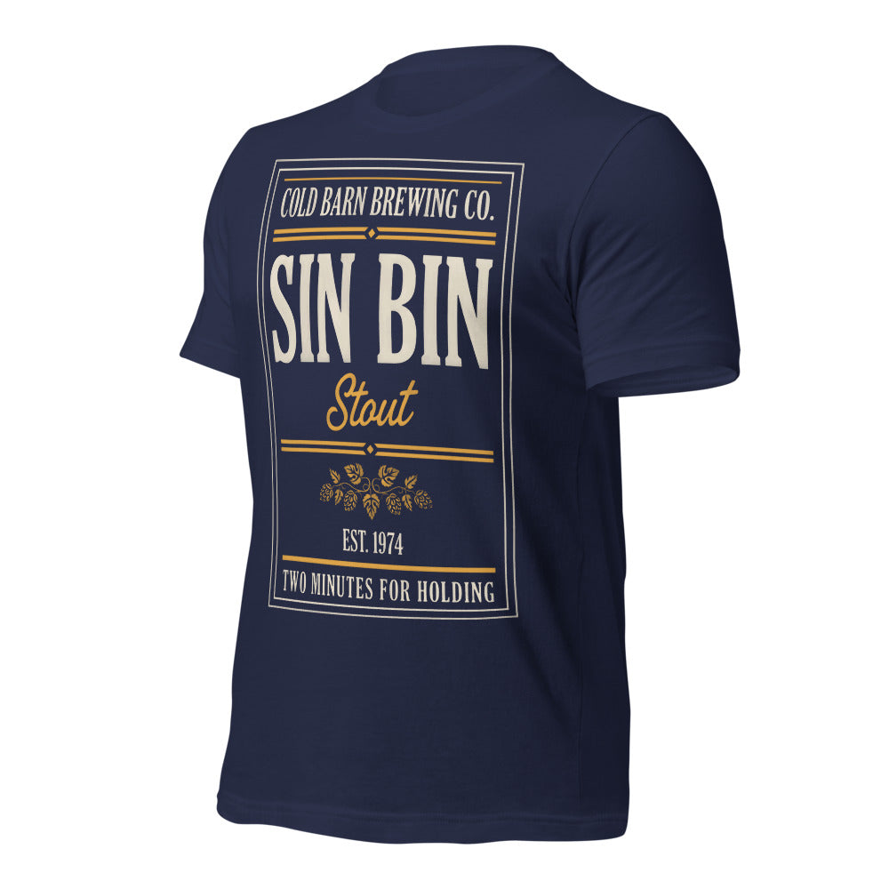 Beer League Sin Bin Stout brewery label t-shirt — Navy, front-right