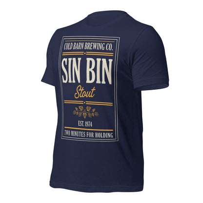 Beer League Sin Bin Stout brewery label t-shirt — Navy, front-right