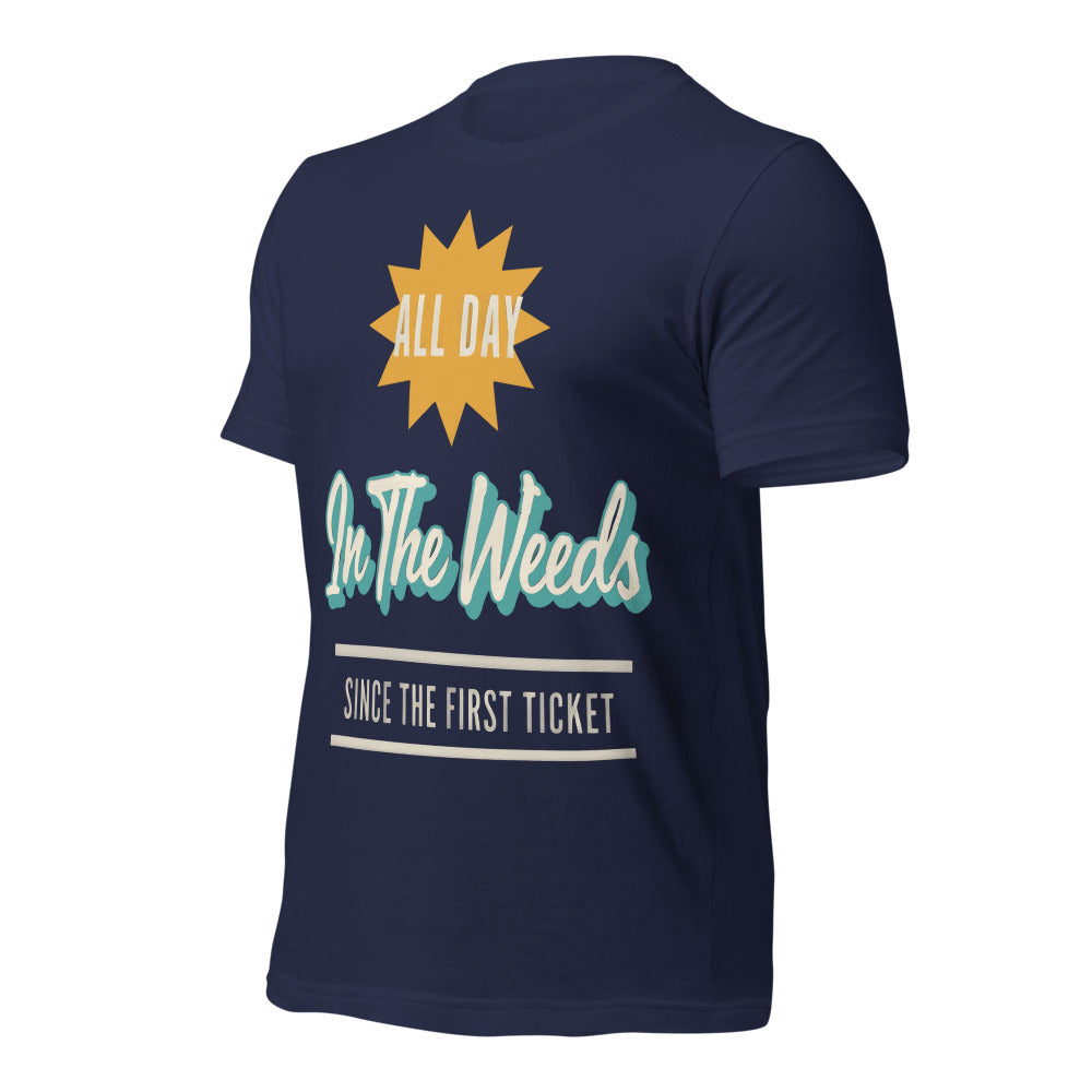 In The Weeds line cook retro diner service sign t-shirt — Navy, front-right