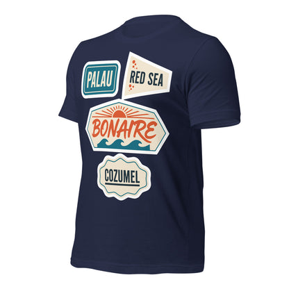 Vintage scuba diving dive sites travel decal t-shirt — Navy, front-right