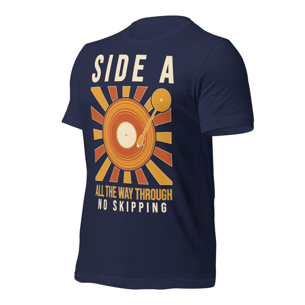 Side A No Skipping vinyl record tee — Navy, front-right