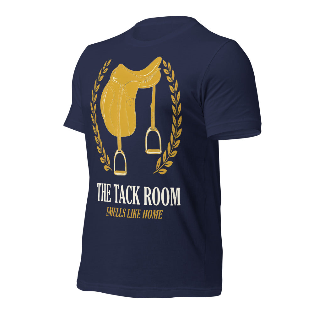 The Tack Room engraved equestrian saddle crest t-shirt — Navy, front-right