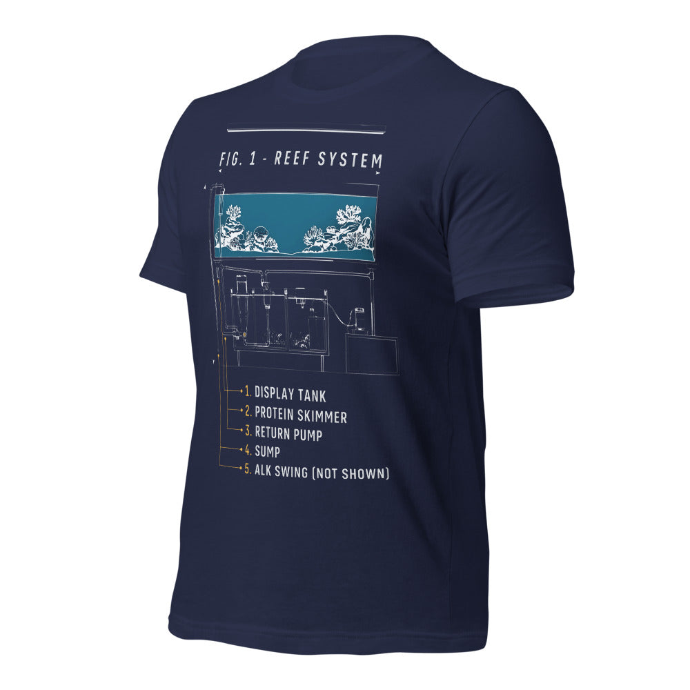 Reef System technical cutaway saltwater aquarium t-shirt — Navy, front-right