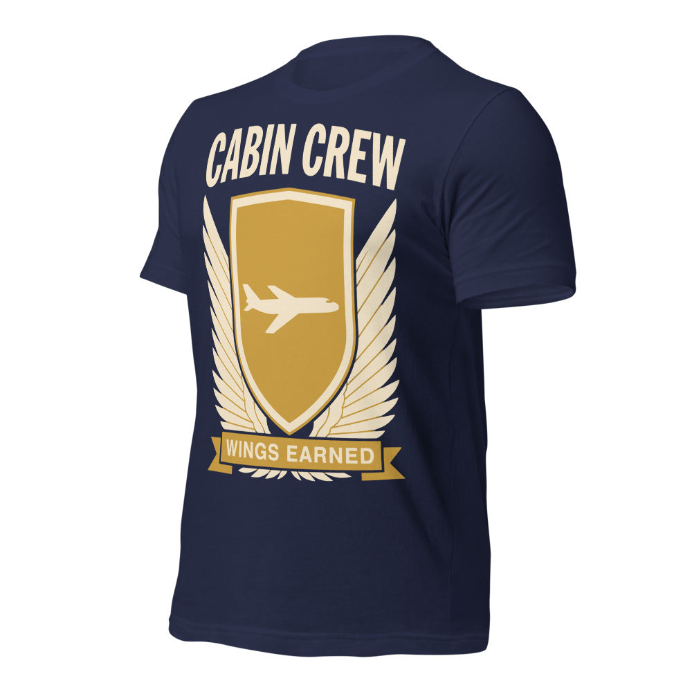 Wings Earned flight attendant tee — Navy, front-right