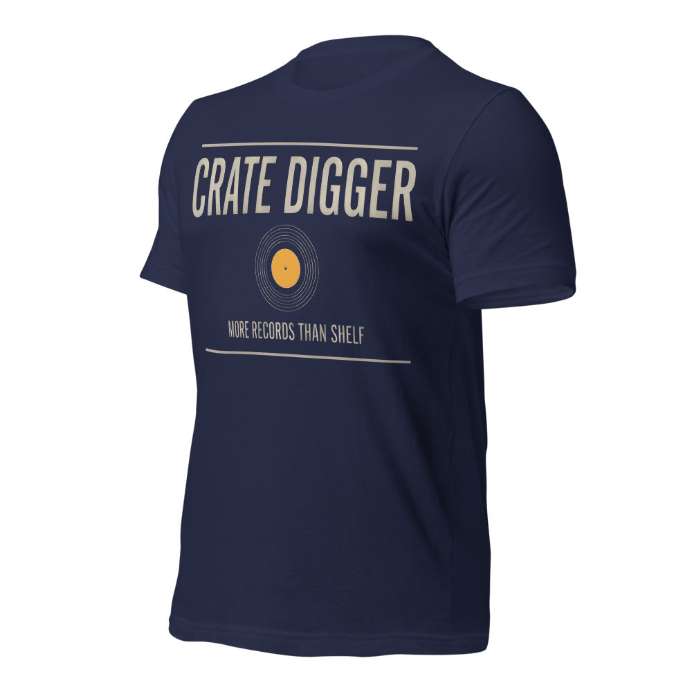 Crate Digger vinyl record tee — Navy, front-right