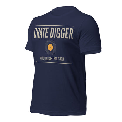 Crate Digger vinyl record tee — Navy, front-right