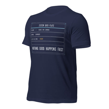 Nothing Good Happens Fast reef system data plate saltwater aquarium t-shirt — Navy, front-right