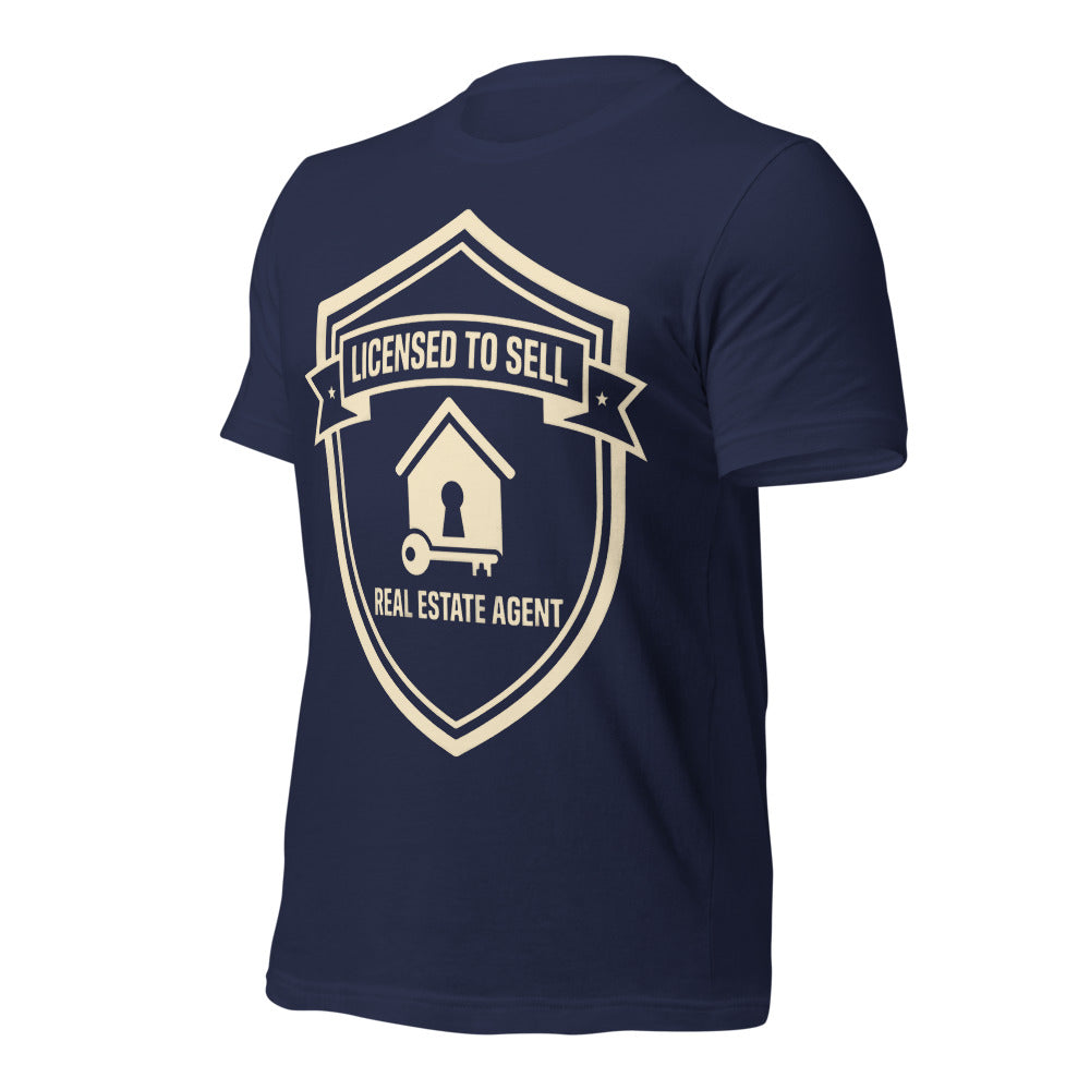Licensed to Sell real estate agent tee — Navy, front-right