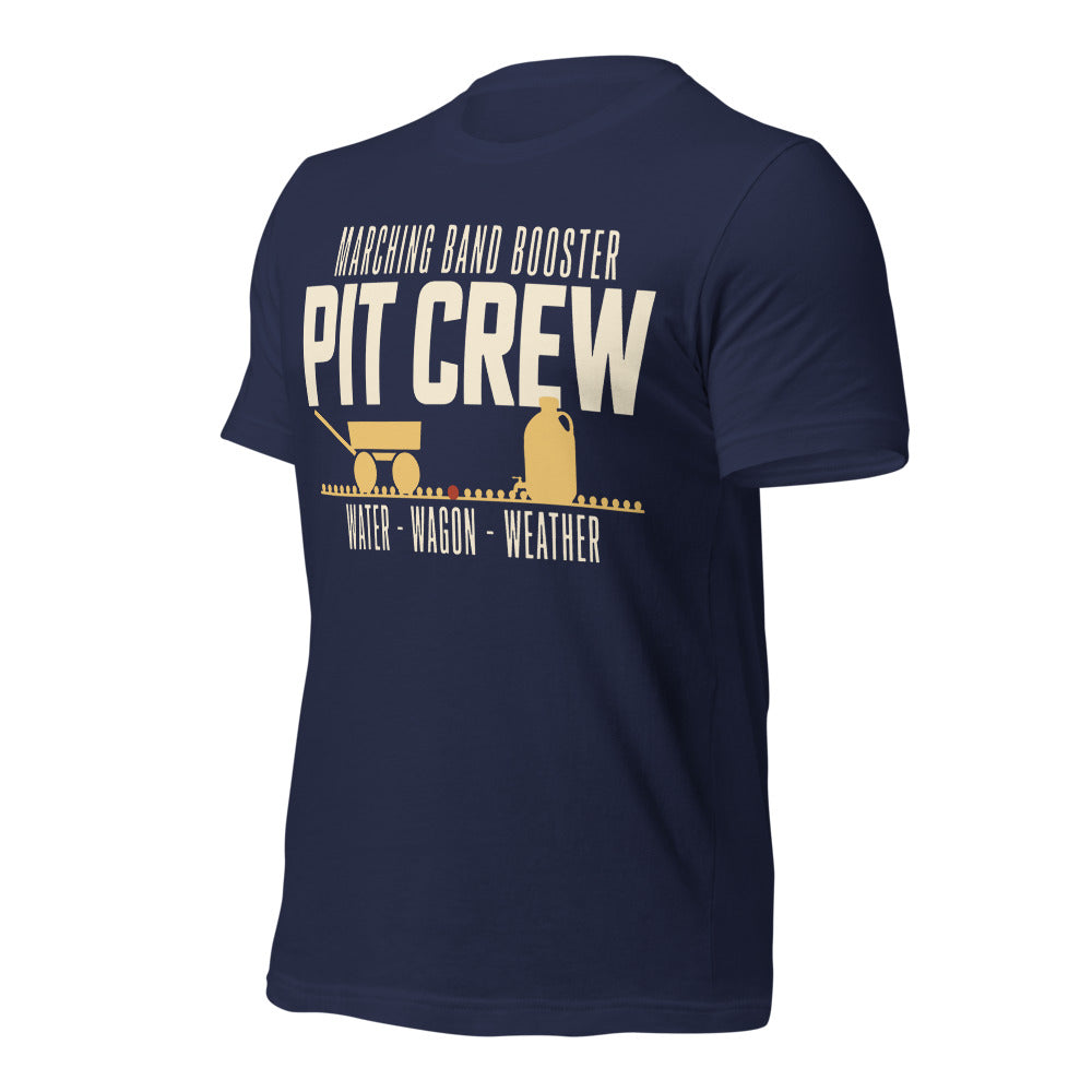 Pit Crew marching band booster t-shirt — Navy, front-right