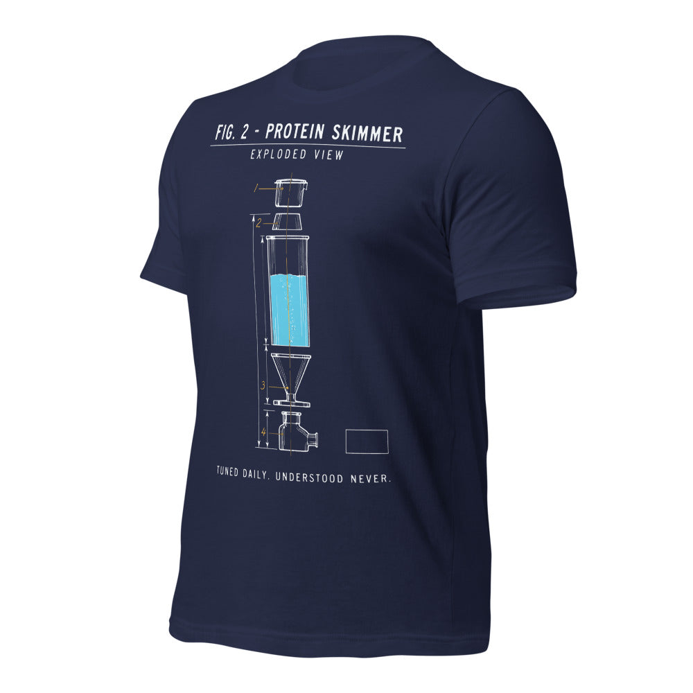 Protein Skimmer Exploded View reef tank saltwater aquarium t-shirt — Navy, front-right