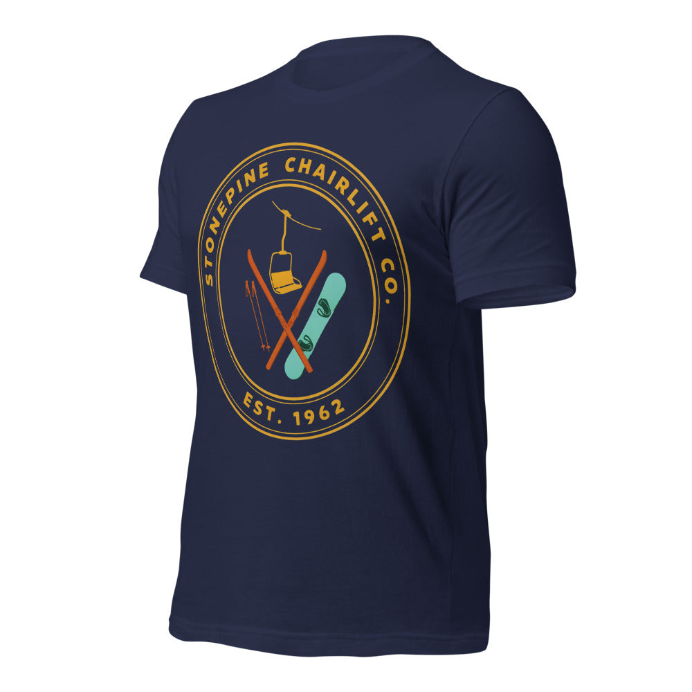 Stonepine Chairlift Co. retro vintage ski club badge t-shirt — Navy, front-right