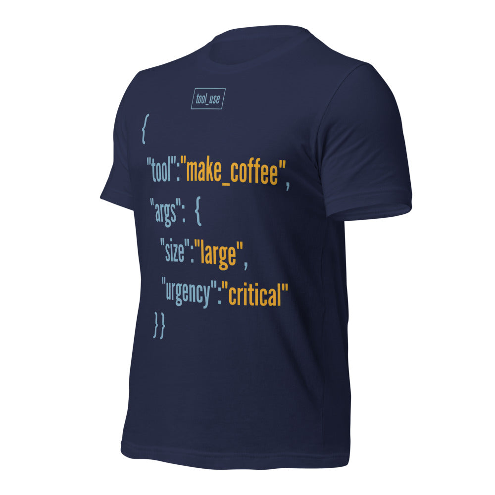 Tool Call Make Coffee AI engineer tee — Navy, front-right