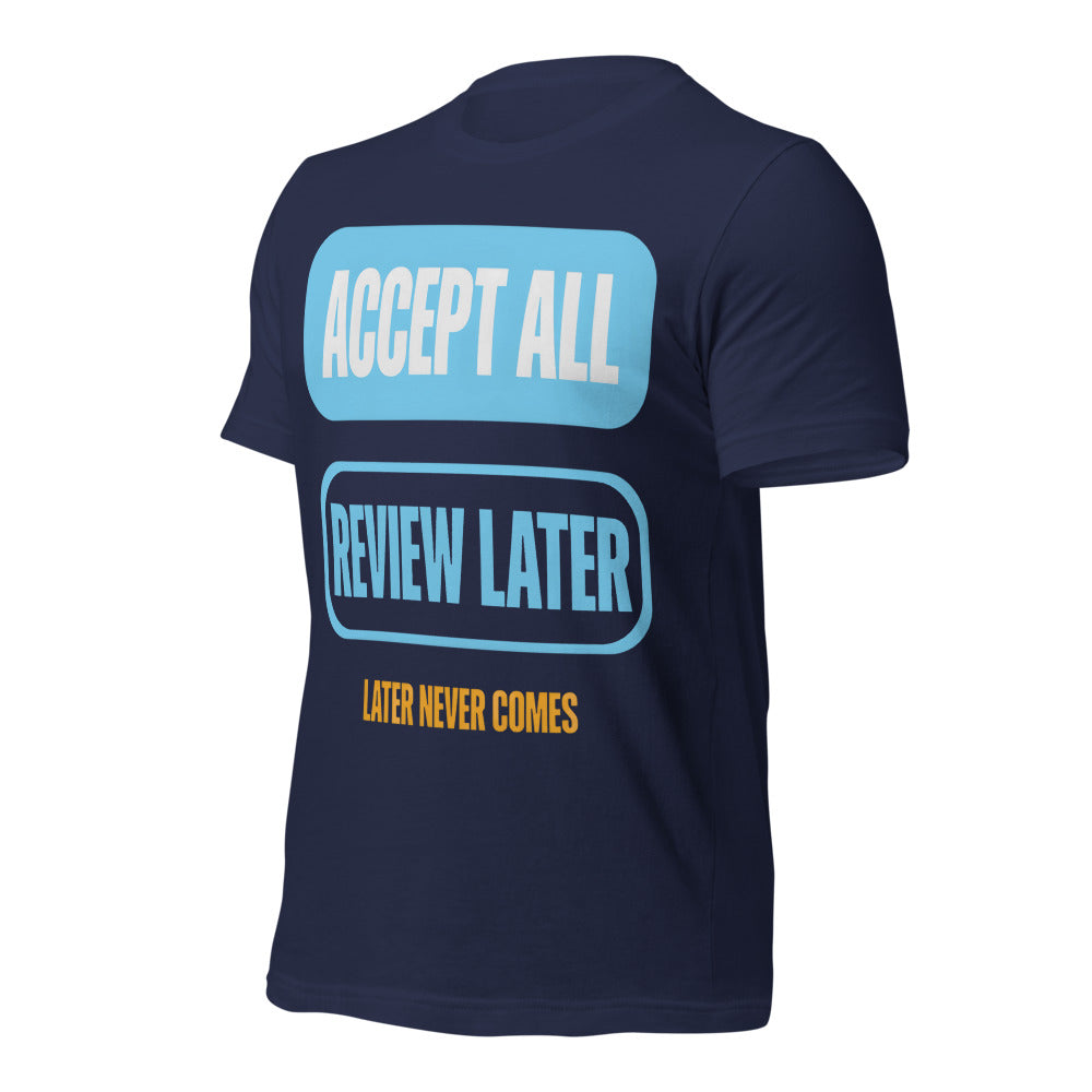 Accept All Review Later tee — Navy, front-right