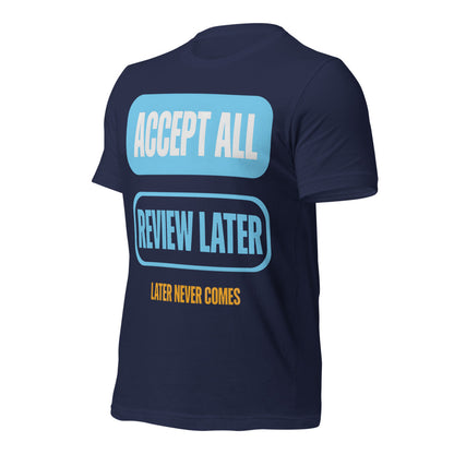 Accept All Review Later tee — Navy, front-right