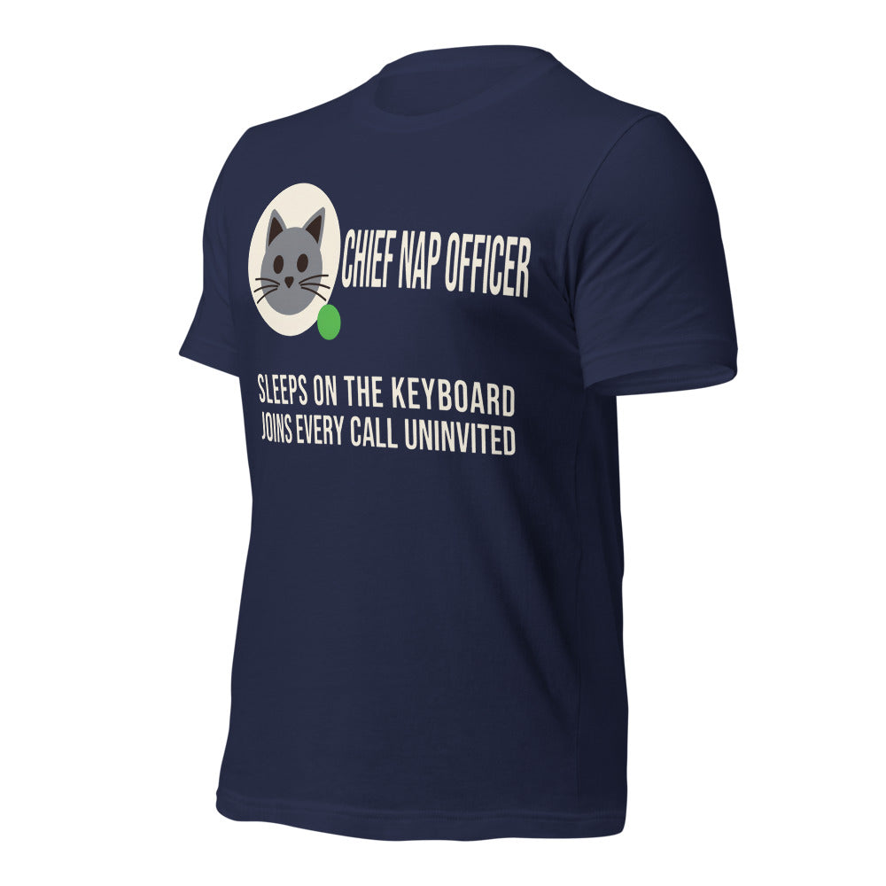 Chief Nap Officer cat profile card unisex t-shirt — Navy, front-right