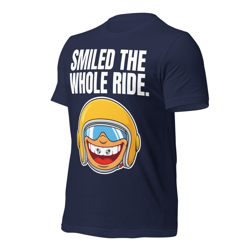 Smiled The Whole Ride funny motorcycle tee — Navy, front-right