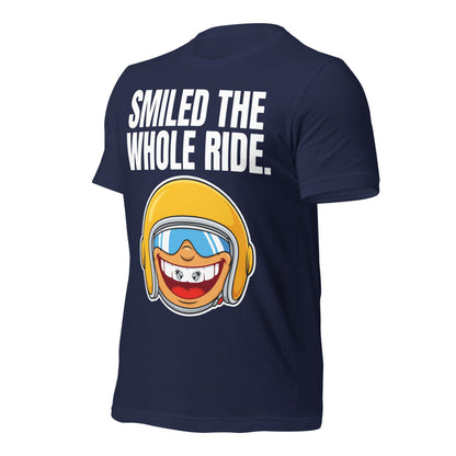 Smiled The Whole Ride funny motorcycle tee — Navy, front-right