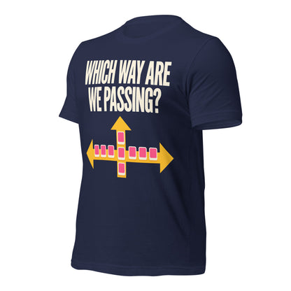 Which Way Are We Passing funny mahjong tee — Navy, front-right