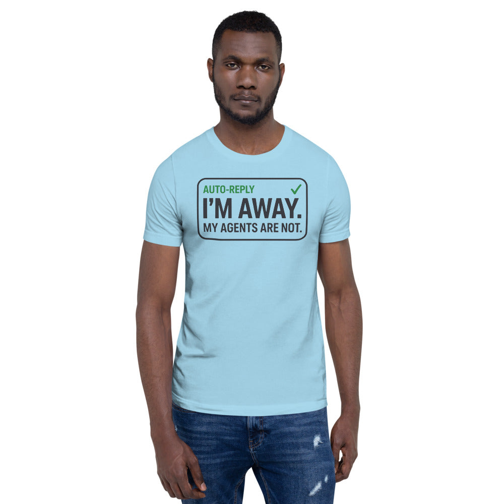 Auto-Reply agentic AI engineer tee — Ocean Blue, on model