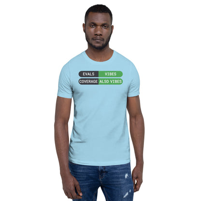 Eval Suite Vibes agentic AI engineer tee — Ocean Blue, on model