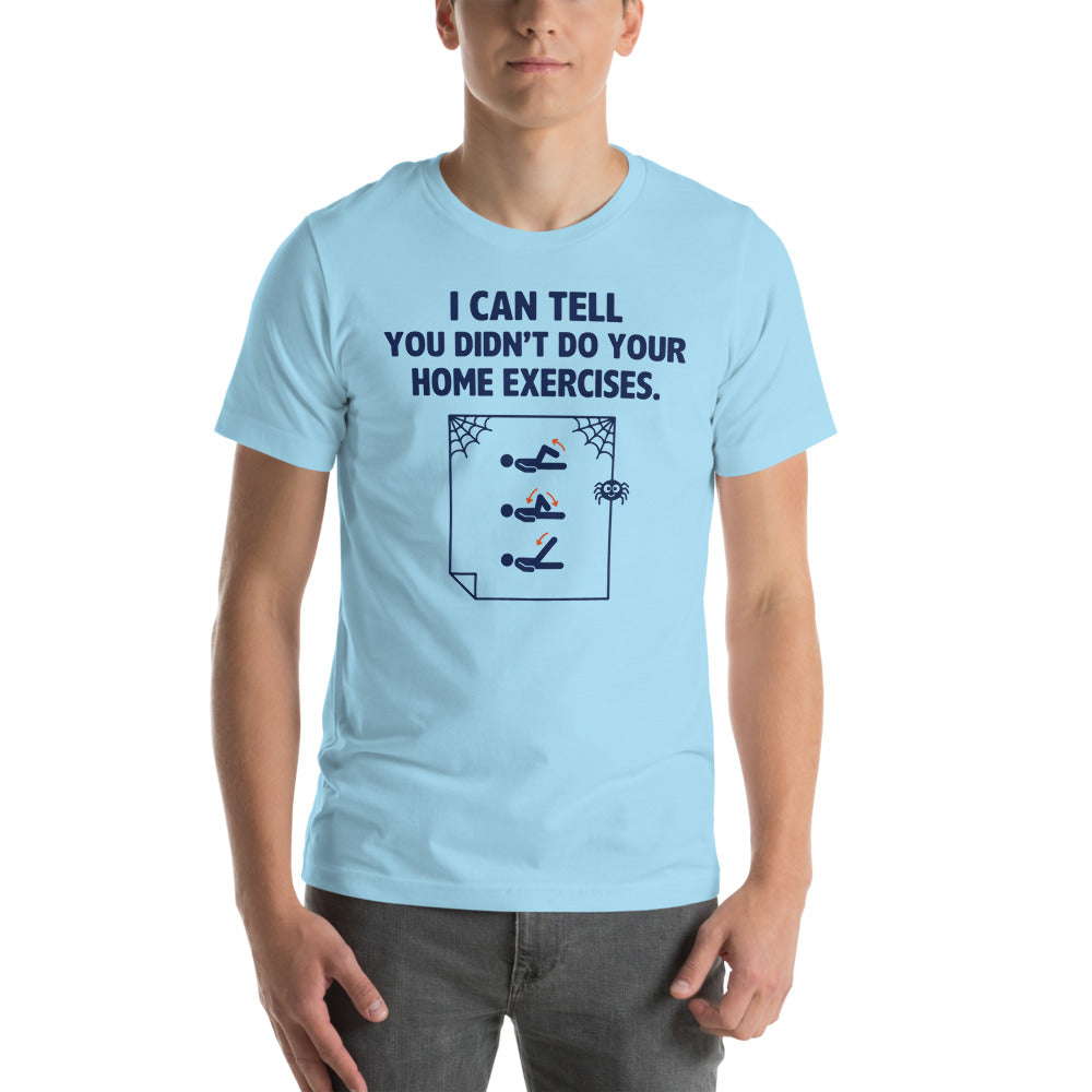 Home Exercises funny physical therapy tee — Ocean Blue, on model