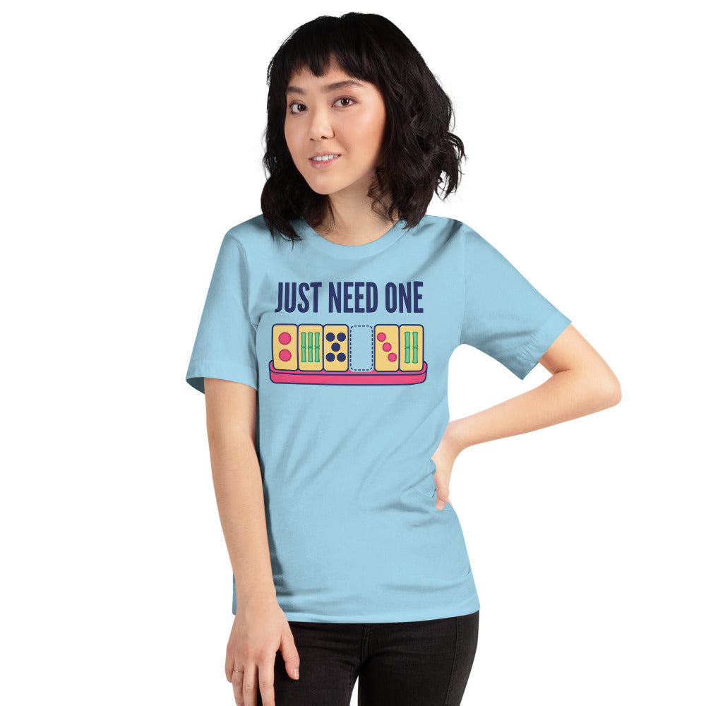 Just Need One funny mahjong tee — Ocean Blue, on model