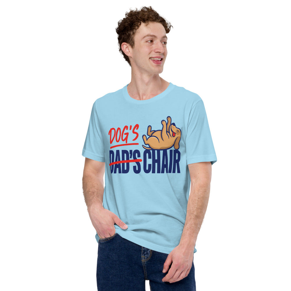 Dog's Chair funny dog dad tee — Ocean Blue, on model
