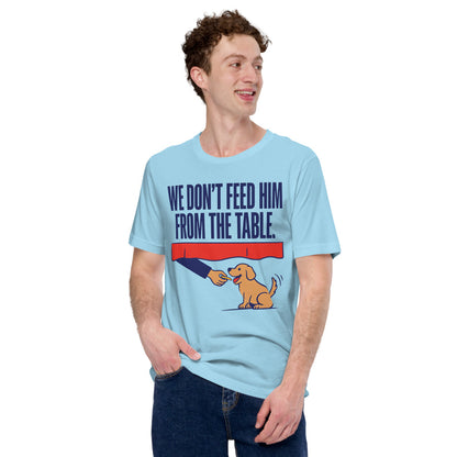 From The Table funny dog dad tee — Ocean Blue, on model