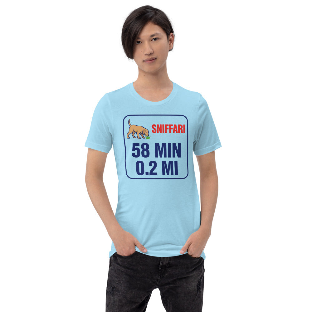 Sniff Walk Recap funny dog dad tee — Ocean Blue, on model