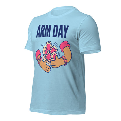 Arm Day funny mahjong tee — Ocean Blue, front-right
